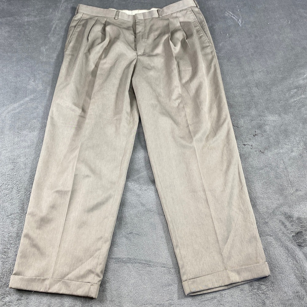 Farah Dress‎ Pants Mens 40x30 Tan Pleated Cuffed Polyester Slacks Preppy Office